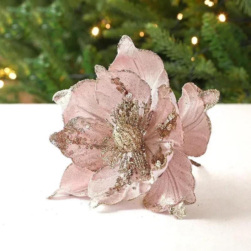 22cm Artificial Flowers Nordic Champagne Christmas Flower New Simulation Pattern Diy Red Multi Layered Christmas Tree Decoration