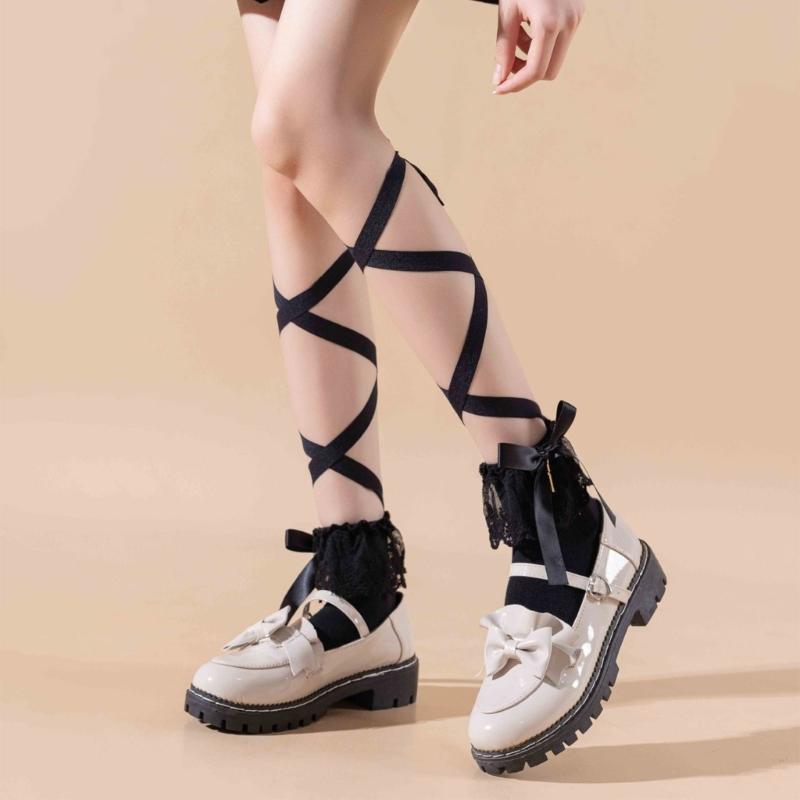 Women Japanese Ballet JK Sweet Ruffle Lace Cotton Crew Socks Elegant Ribbon Tie Bandage Solid Color Ankle Socks Hosiery