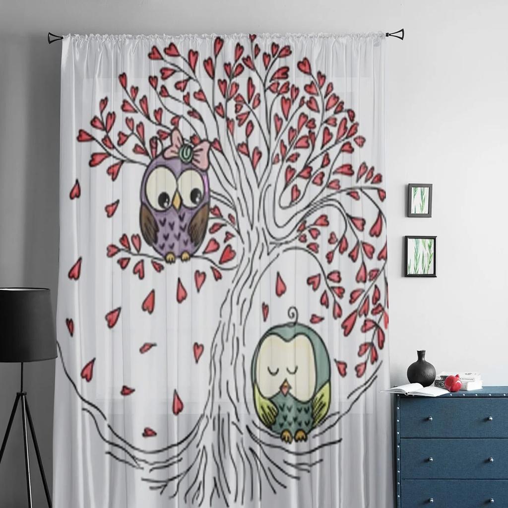 Pár sov na stromě Průsvitné závěsy do obývacího pokoje Dětská ložnice Tylové závěsy Kuchyňské závěsy na okna