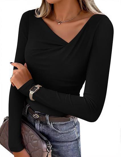 Women s Asymmetric V Neck Long Sleeve Top Slim Fit Sexy Cotton Tee Elegant Fitted Blouse S