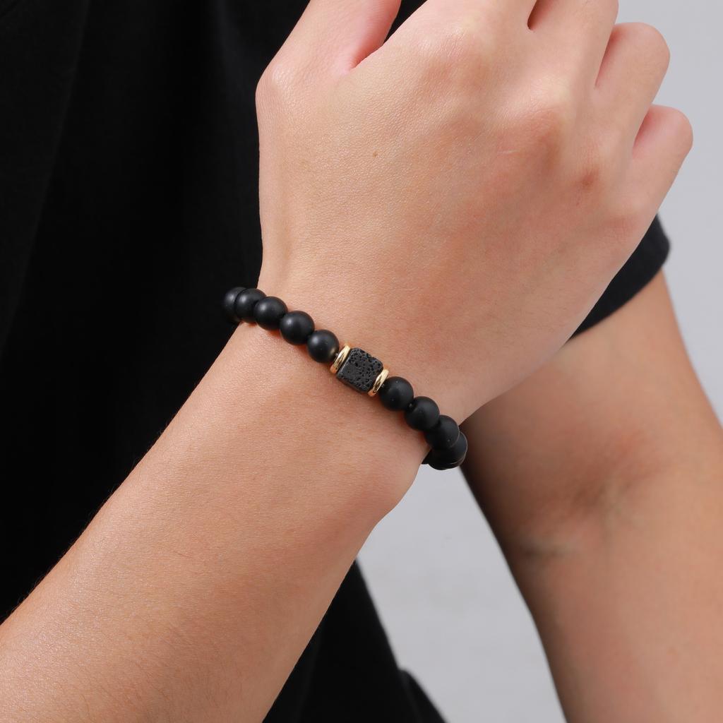 Mountain Stone Black Bead Bracelet for Men,8mm Black Agate Beaded Bracelet,Trendy Jewelry GIft