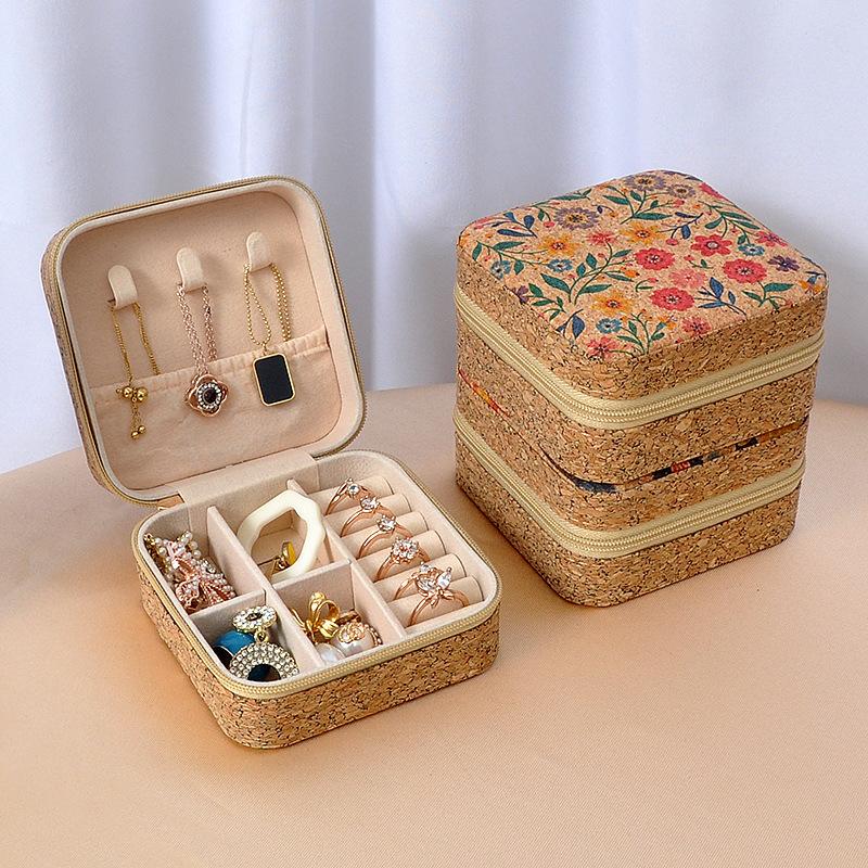 Luxurious Simple Square Multifunctional Portable Travel Jewelry Box High-Grade Leather Floral Pattern Zipper Closure