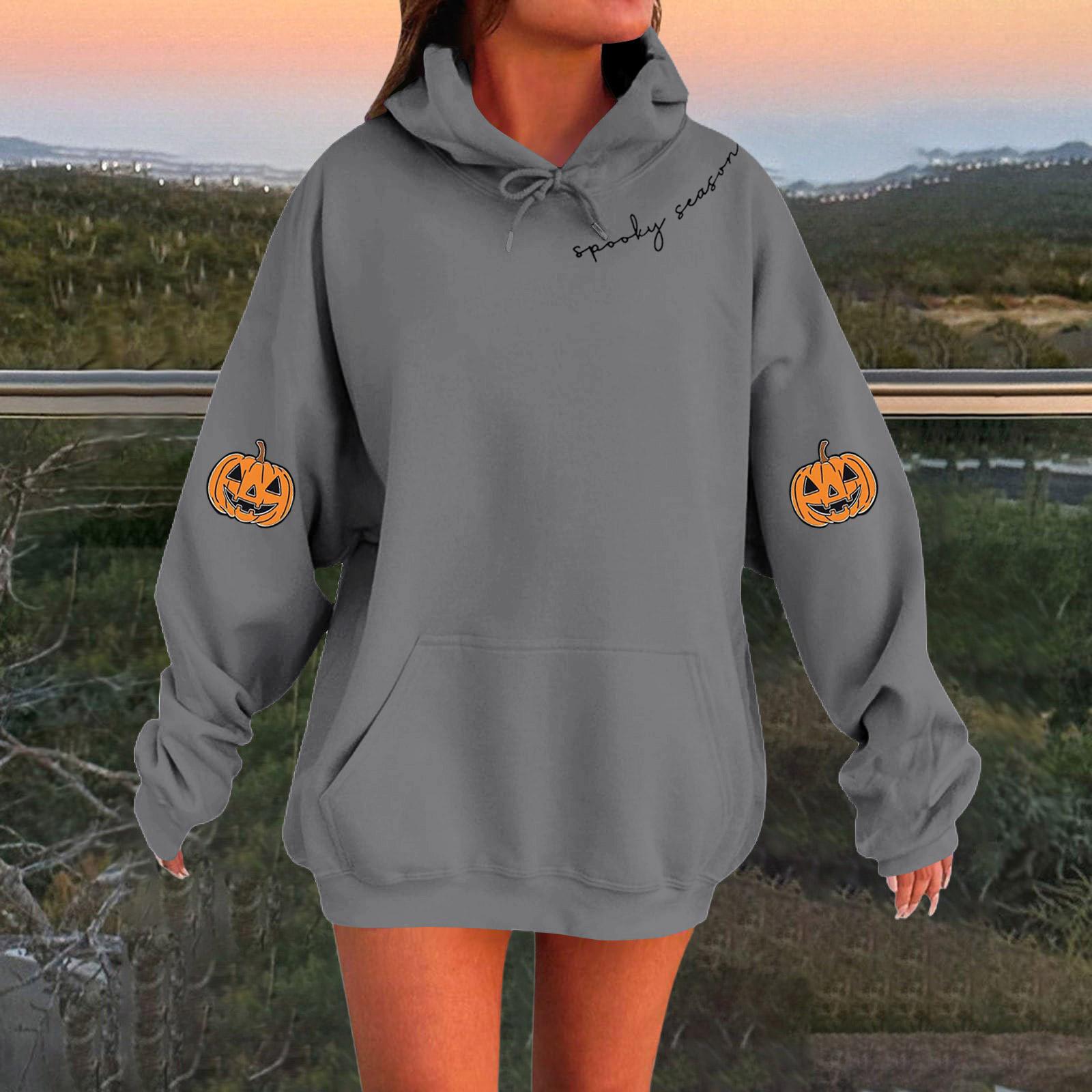 

Женский однотонный пуловер с длинным рукавом, капюшоном и повседневным принтом на Хэллоуин S