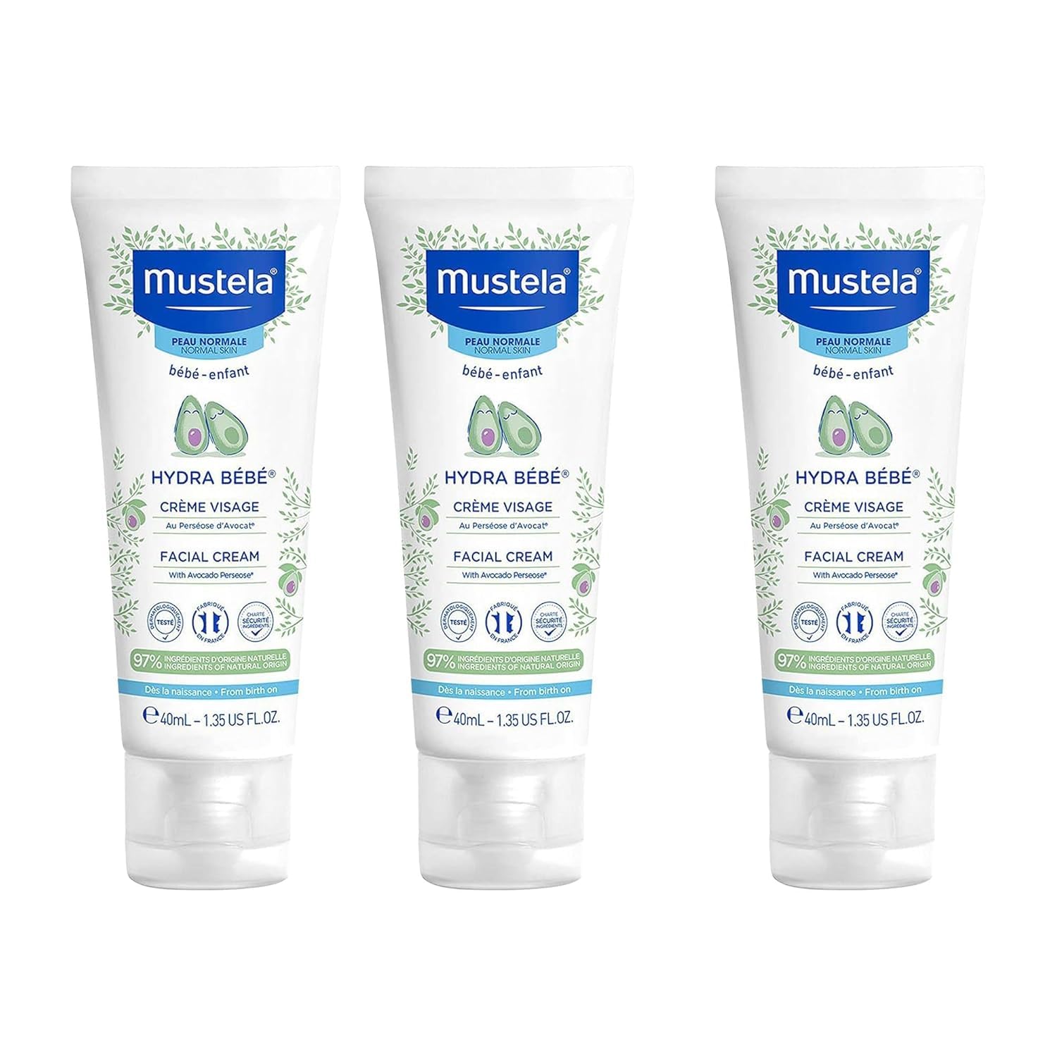 Mustela Hydra Bebe Детский крем для лица 40 мл (Пакет из 3) | Детский крем для лица с витамином Е | Крем для лица для детей | Купи 2, получи 1