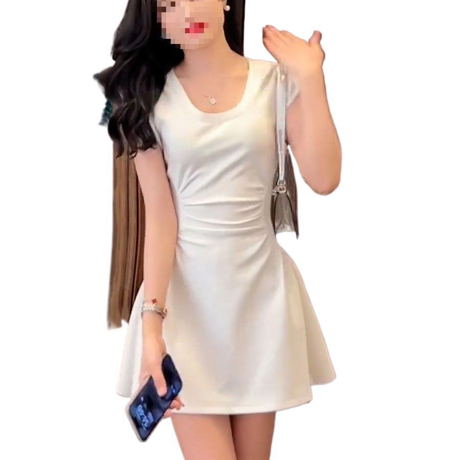 French Chic Solid Pleated U-neck Dress: Stylish Women's Summer A-line Waist-cinching Short Skirt
