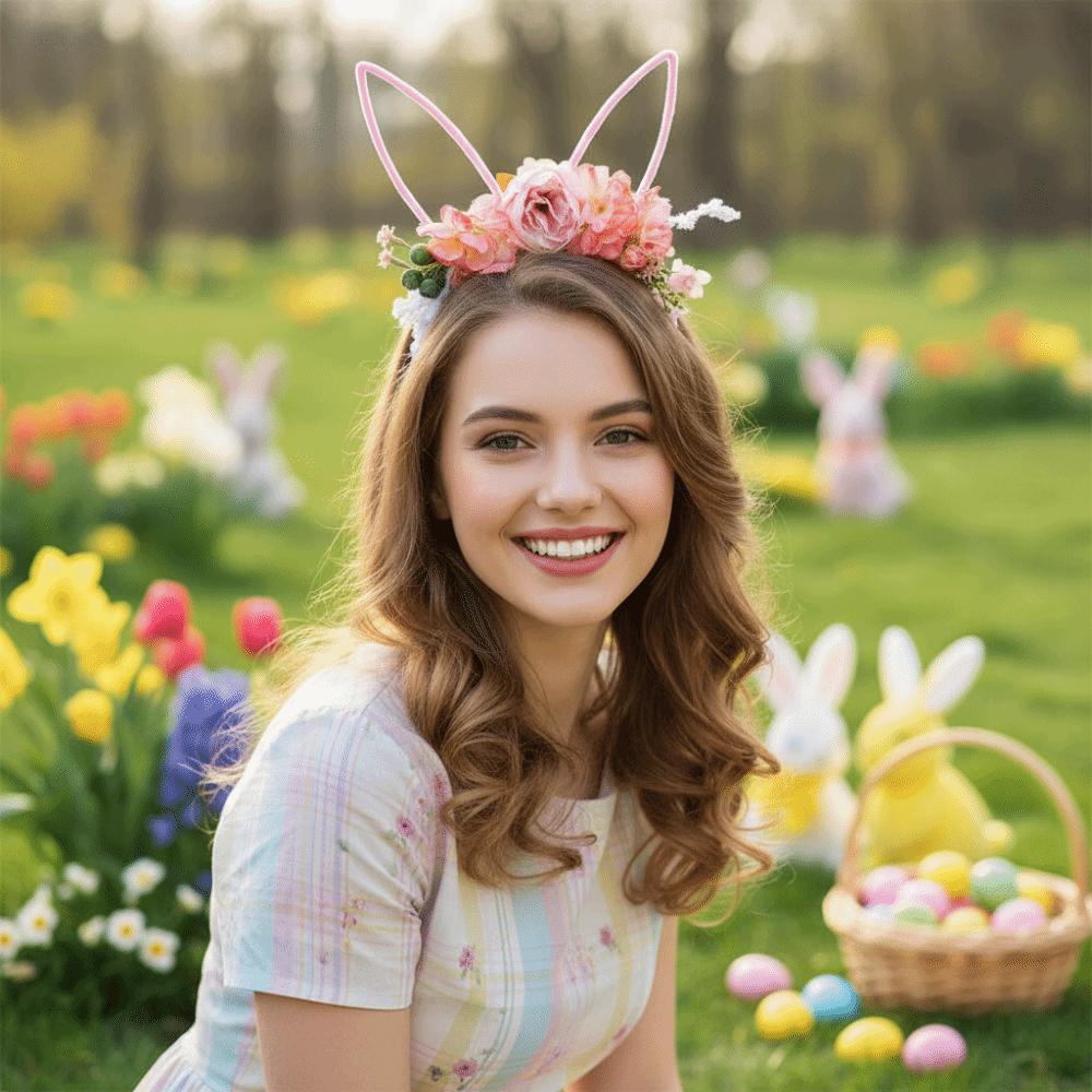Artificial Flower Easter Garland Colorful Forest Rabbit Ears Headband Headpiece Photography Props Bunny Ears Hair Hoop