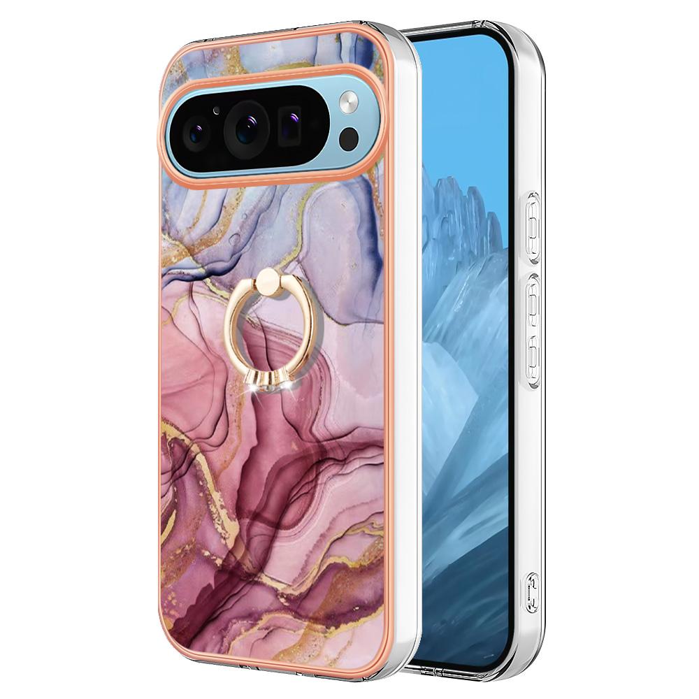 

YB IMD Series-17 Style-E For Google Pixel 9/Pixel 9 Pro TPU Case Electroplating Kickstand Marble Pattern Cover Rose Gold