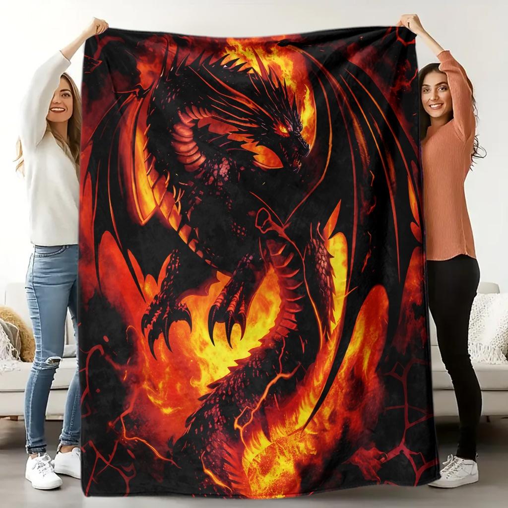 Flame Dragon Flannel Blanket – Soft Breathable Polyester – Vibrant Red Orange Throw – All-Season Cozy Decor