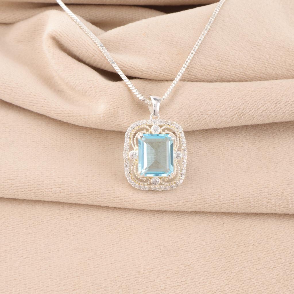 Himmelblauer Topas Edelstein 925 Sterlingsilber Schmuck Zirkonia Kette Anhänger für Mädchen CZP-11-8