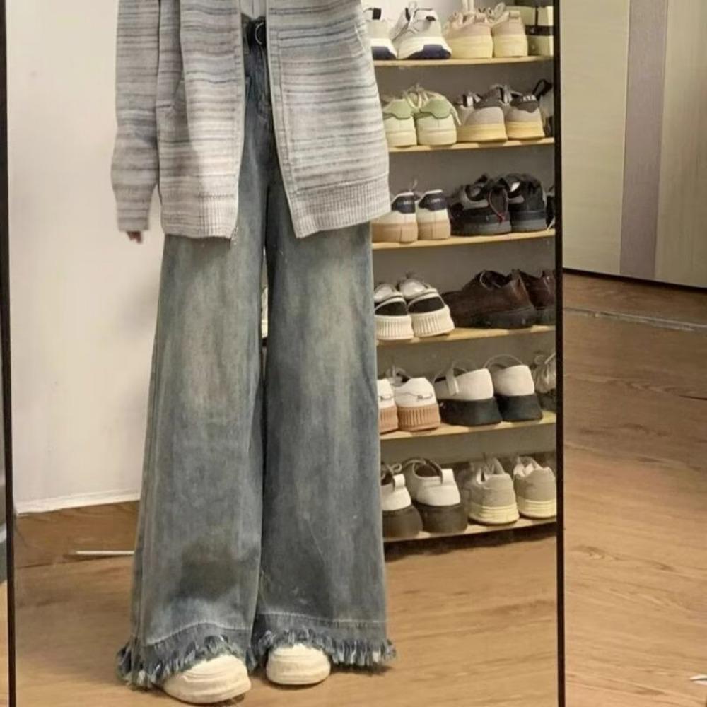 Spersonalizowane dżinsy z surowymi krawędziami z szerokimi nogawkami dla kobiet na wiosnę i jesień, nowe, z wysokim stanem i cienkie, o luźnym kroju, dżinsy mop