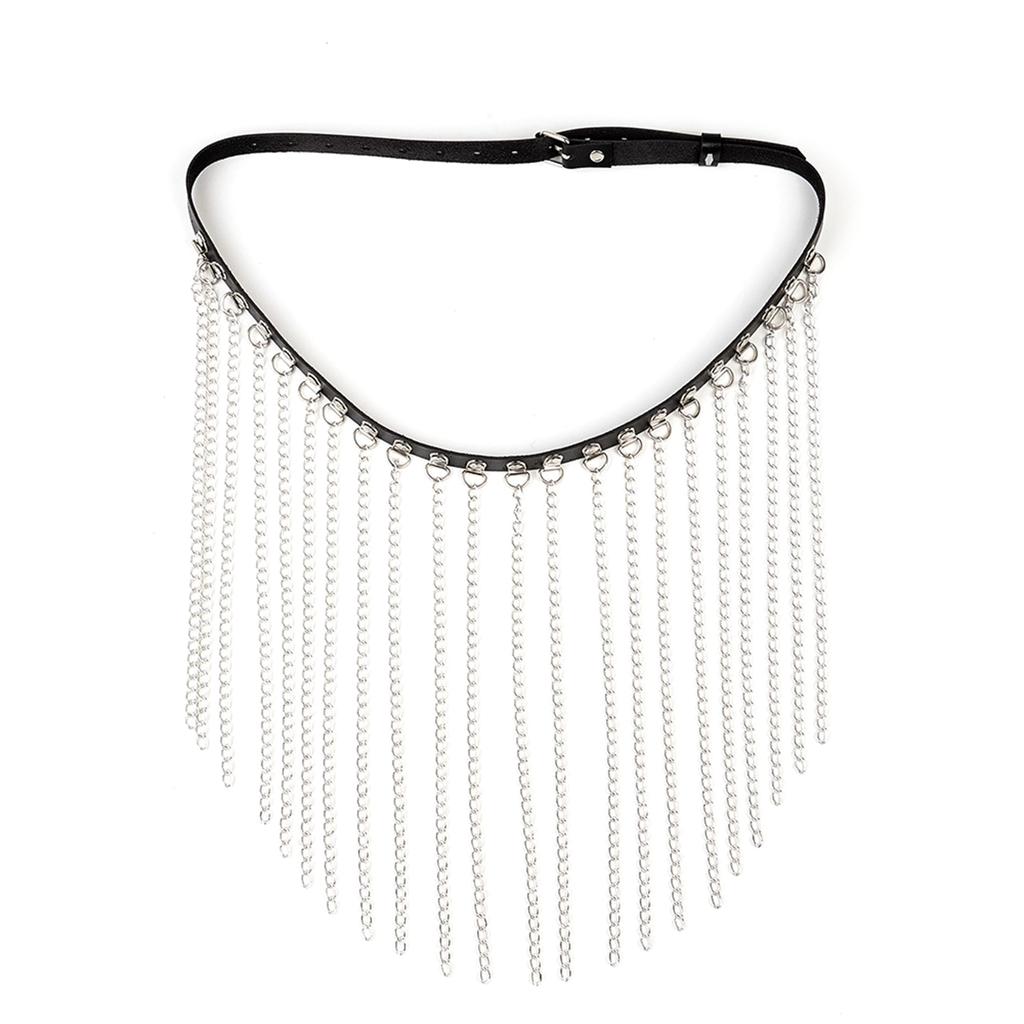 Punk PU Leather Waist Chain Metal Tassels Body Chain Body Jewelry for Women Cosplay and Night Club Waist Accessory