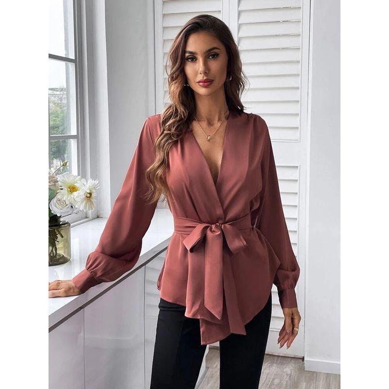 

2025 Solid Color Belt Hem Shirt Fashionable Elegant Yellowish Green S