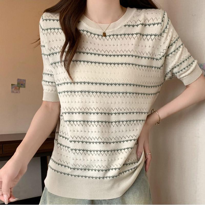 Women Sweaters Pullovers 2025 Summer Short Sleeve O-Neck Striped Black Knitted Sweater Women Tops Pullover JJ266