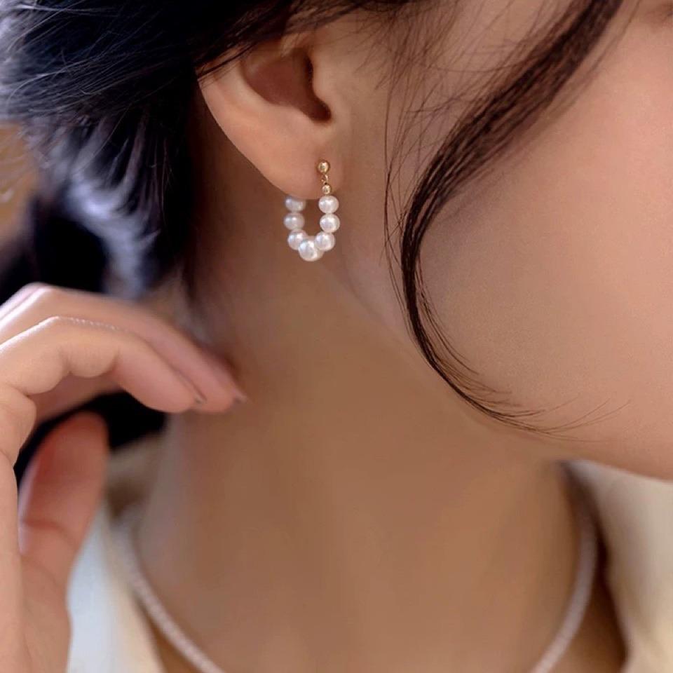 Freshwater Pearls Gradually Change Size Pearl Earrings 18K Bag Gold Earrings Simple Temperament Light Luxury Silver Needle Earrings Women