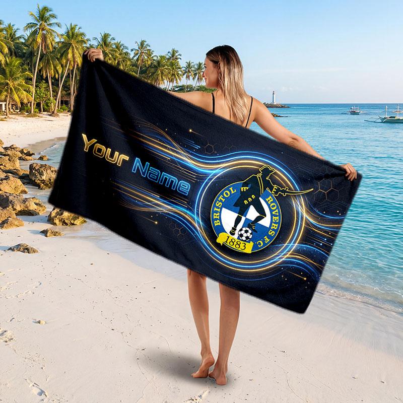 Bristol Rovers Custom Beach Towel, Personalized Name Text Print, Football Logo Soft Quick‑Dry Towel Holiday Gift