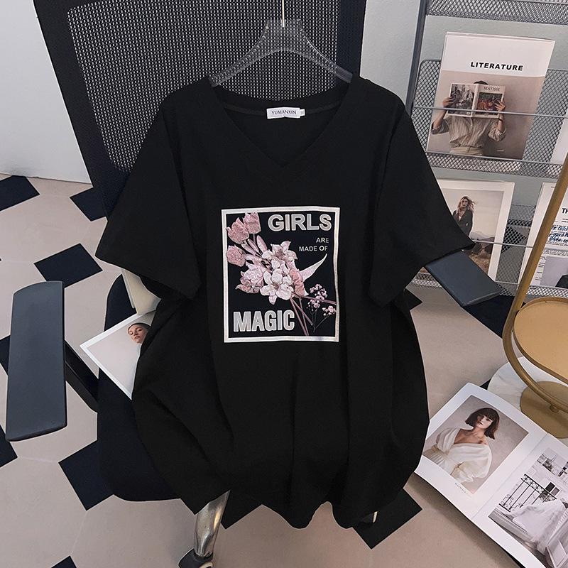 Plus Size V-Neck Mid-Length Short-Sleeve T-Shirt for Women (200/300/350 Jin) - New Style Slim Fit