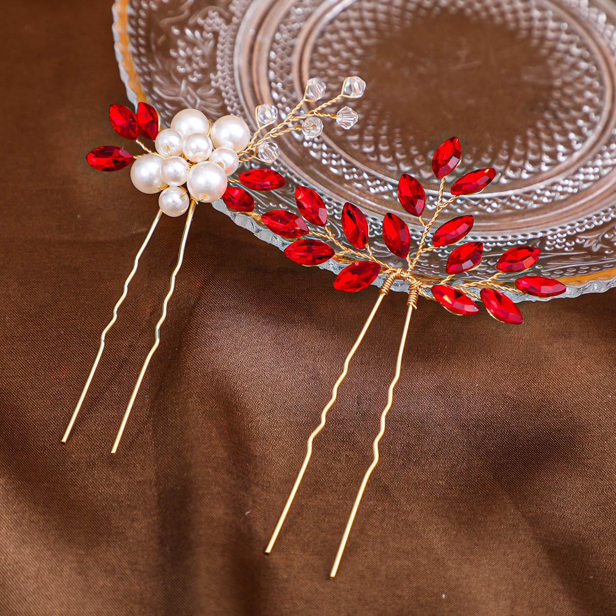 

Сделанная вручную заколка для волос невесты U-образной формы с жемчугом и стразами: Изысканный аксессуар для высокой прически красный