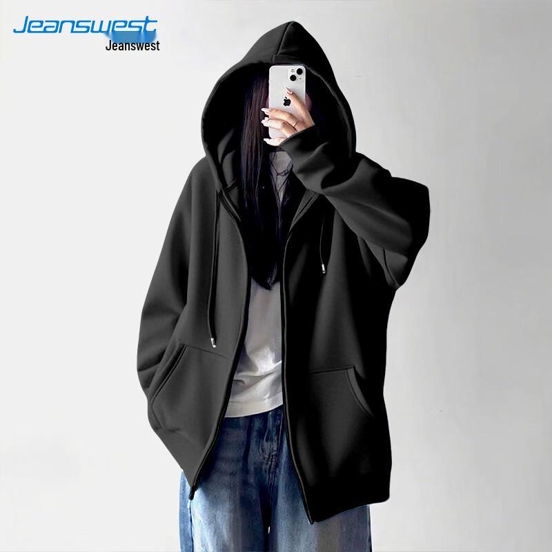 JEANSWEST Women's Casual Solid Color Hooded Zip-Up Sweatshirt Jacket