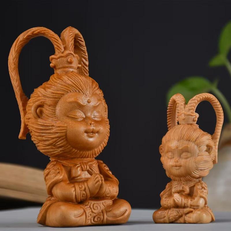wood carving cartoon  Sun Wukong sculptures and figurines Hand carved solid wood Home Room Office Wealth Luck Feng Shui Decor