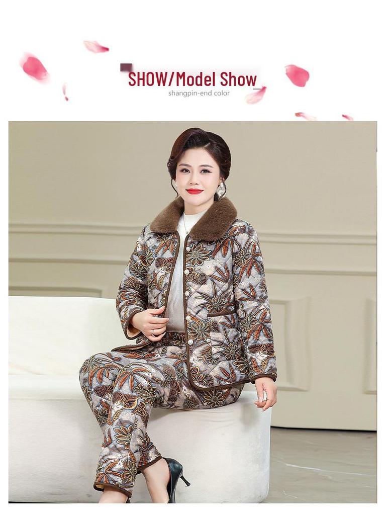 Velvet-Lined Winter Cotton Coat & Pants Set for Moms