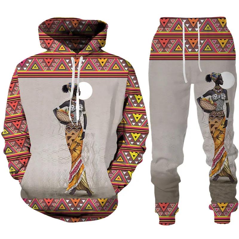 Laste kampsunide komplekt 3D prindiga Aafrika etnilise stiiliga poiste, tüdrukute kapuuts + püksid, kaheosalised avarad pikkade varrukatega dressipluusid, riided