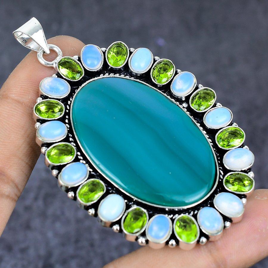 Natural Green Onyx, Milky Opal 925 Sterling Silver Jewelry Pendant 2.96" ETC-13769