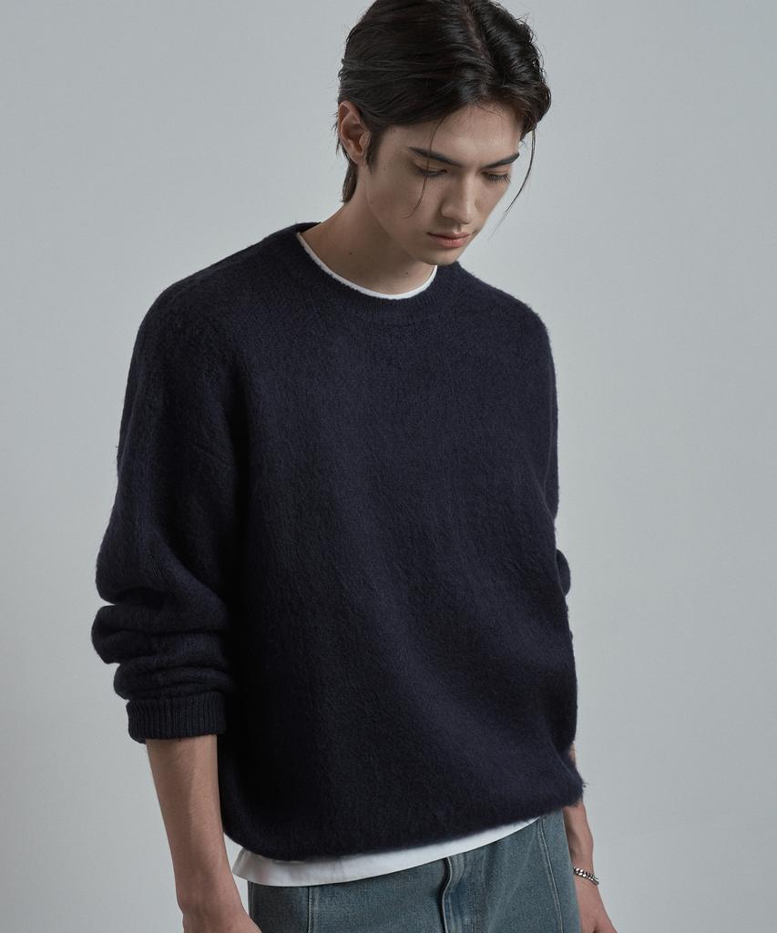 WORK ON BODY OFF Lanugo Semi-Overfit Brushed Round Neck Knit [Navy]