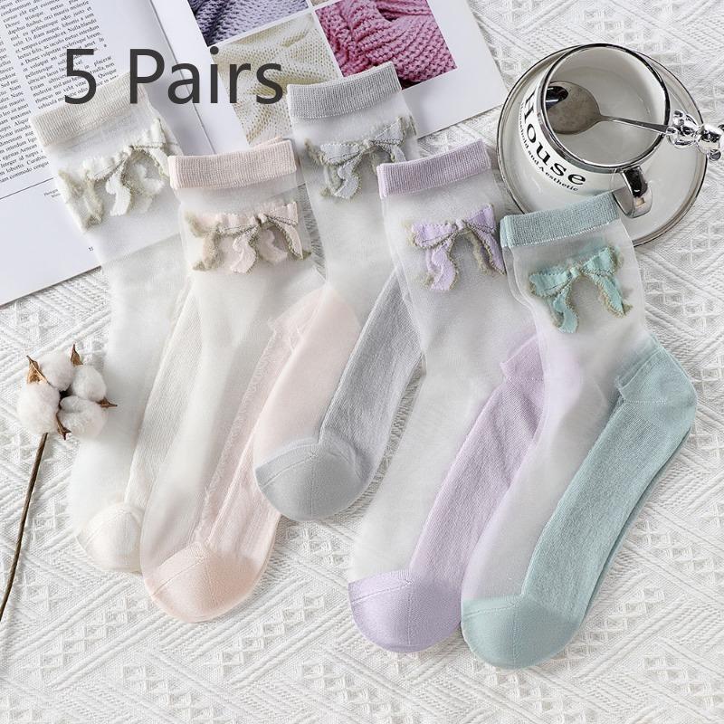 5 Pairs of Women's Summer Super Thin Polka Dot Cotton Sole Anti Hook Embroidered Clear Crystal Stockings