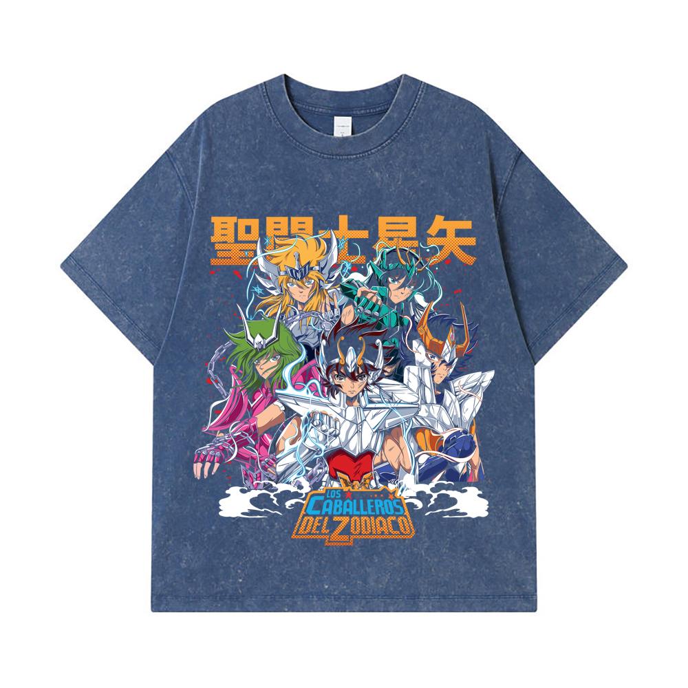 

275 GSM Washed T-shirts 100% Cotton Saint Seiya V1 Print Unisex Heavy Cotton T Shirt 2XL королівський синій колір