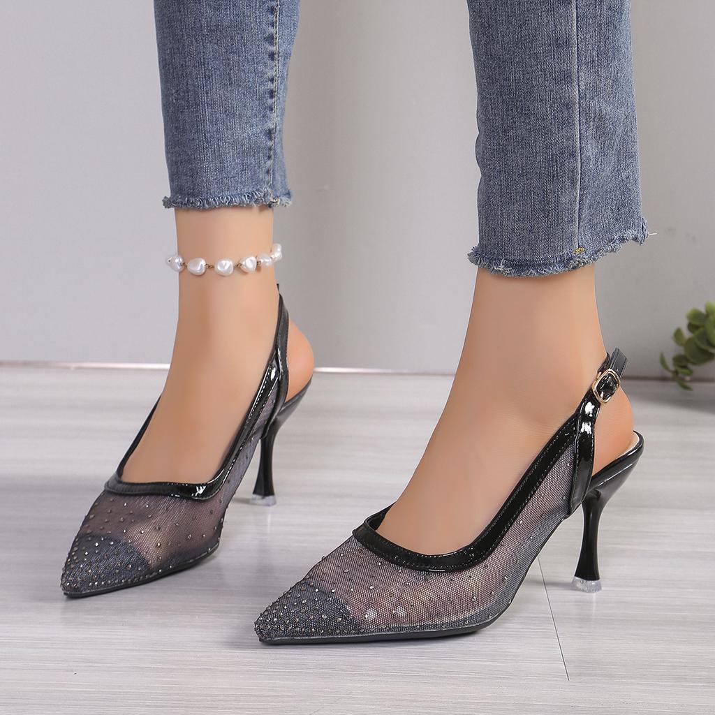 Fashion 2025 New Women High Heels Sandals Rhinestones Closed Toe One-line Sandals Pointed High Heels Versatile Back Empty Single Shoes