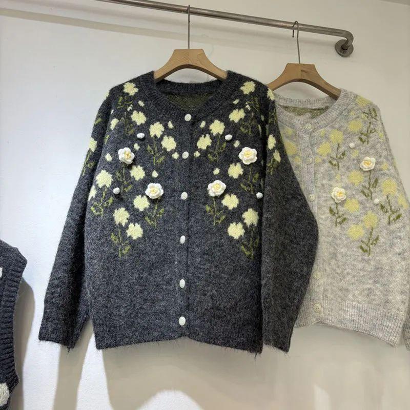3D Flower Decoration Women Cardigan Gentle Style Ladies Round Neck Solid Color Sweaters Autumn Loose Versatile Woman Single Breasted Coat