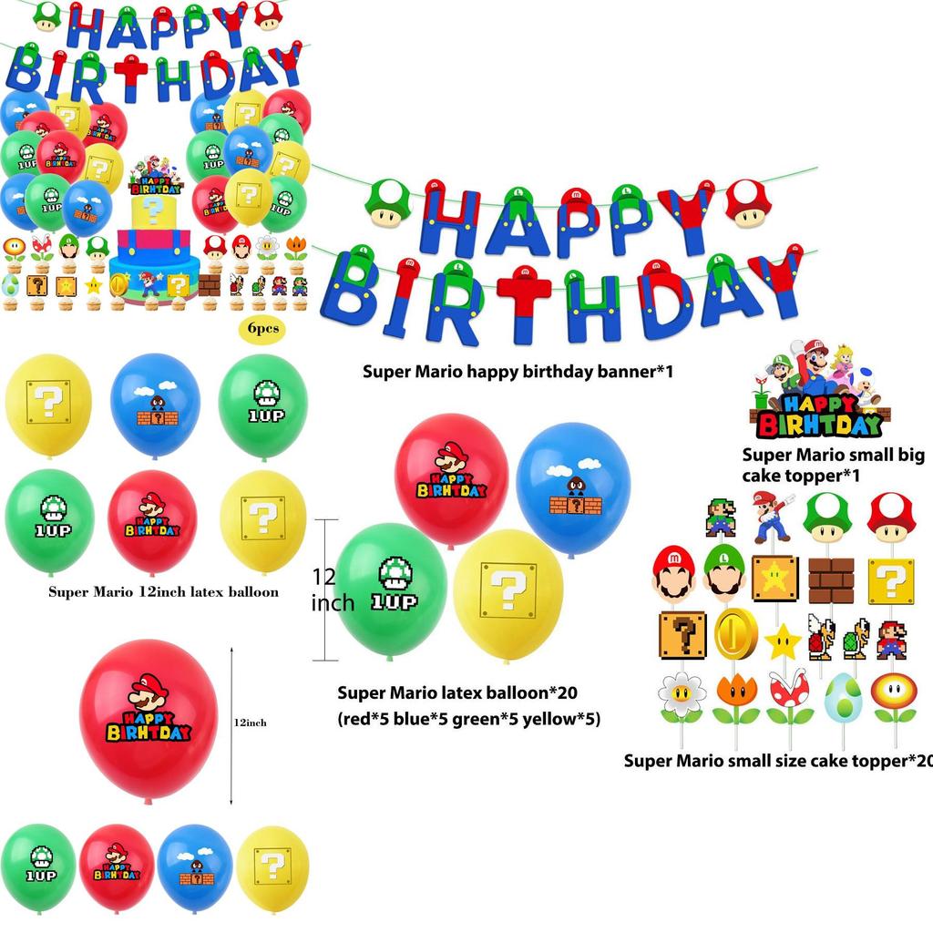Super Mario Happy Birthday Party Decor Supplies Banner Balloon Cake Topper