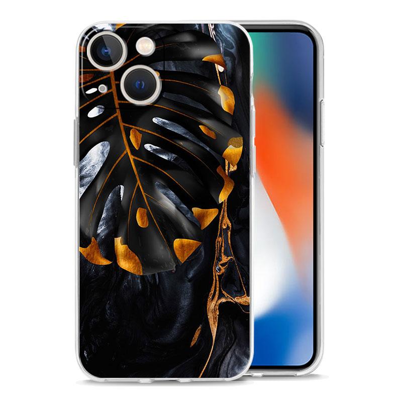 Black Gold marble tropic Luxury Transparent Phone Case For iPhone 15 14 13 12 11 Pro Max XS X XR SE 7 8 Plus Shockproof Cover