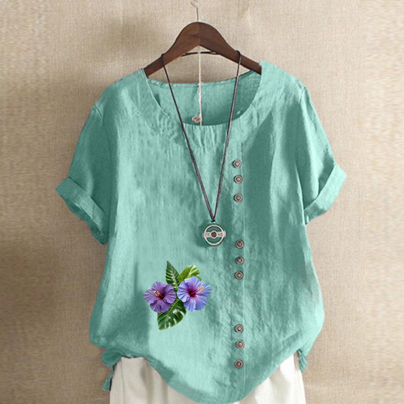 Women's New Fashion Linen Shirt Round Neck Short Sleeve Purple Flowers Printed T-shirt Summer Ladies Casual Plus Size Blouse Tops