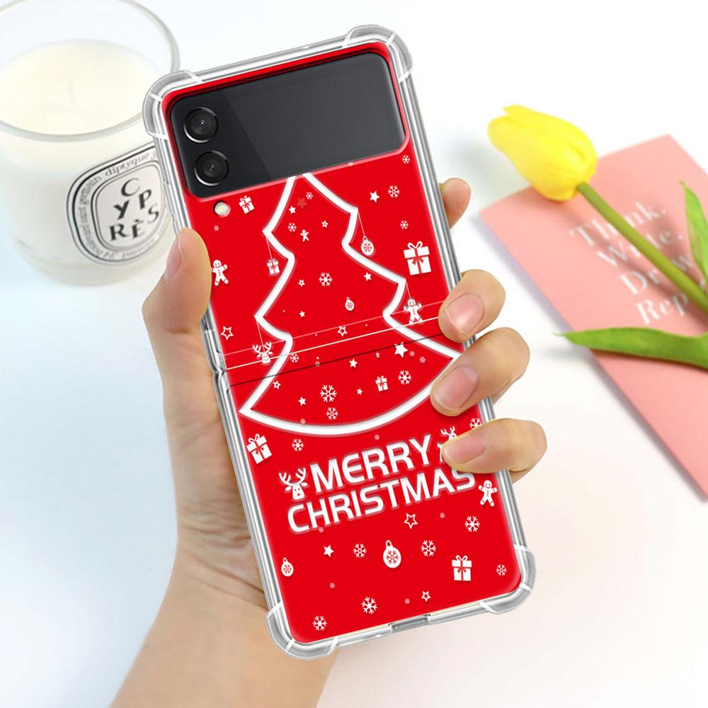 Luxury Case For Samsung Galaxy Z Flip 3 4 5G Funda Z Flip3 Clear PC Hard Shockproof Back Phone Shell Snowman Christmas Cartoon