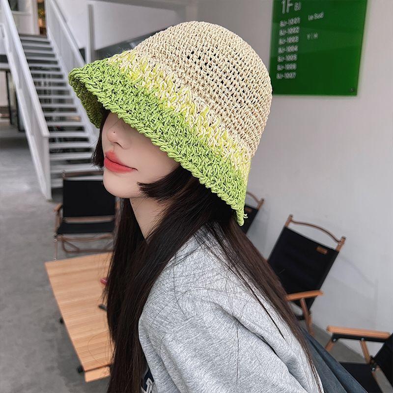 Weaving bucket hat women's summer breathable big head circumference showing face small hat UV protection sunshade sun protection hat