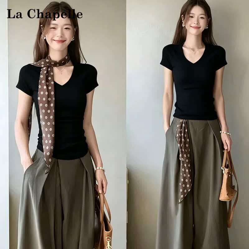 La Chapelle Women s V-Neck Slim Fit Short Sleeve T-Shirt L