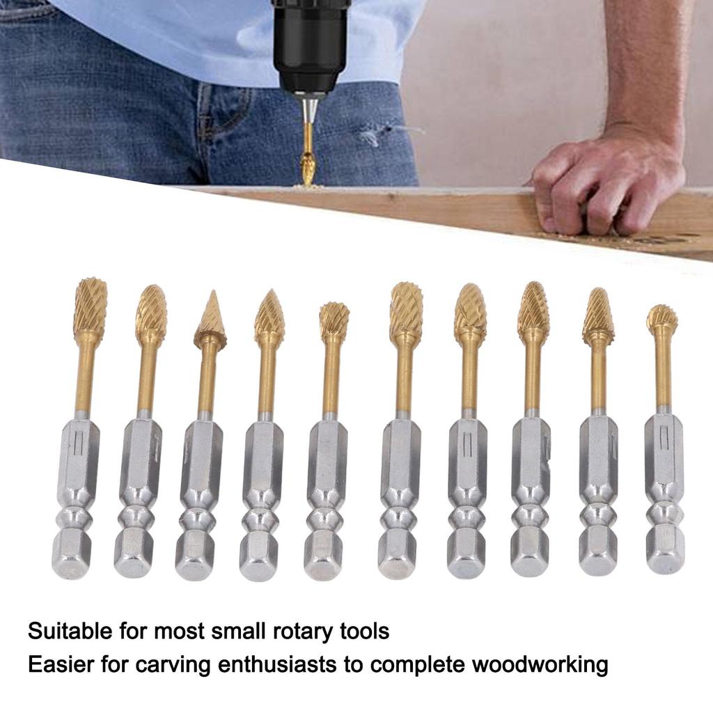 10Pcs Carbide Double Cut Rotary Burrs Set for Woodworking Carving Polishing Hex Shank Grinder Bits