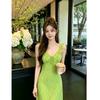 Green French floral lotus leaf summer suspender dress temperament pure desire style design high waist spring and summer slim dress