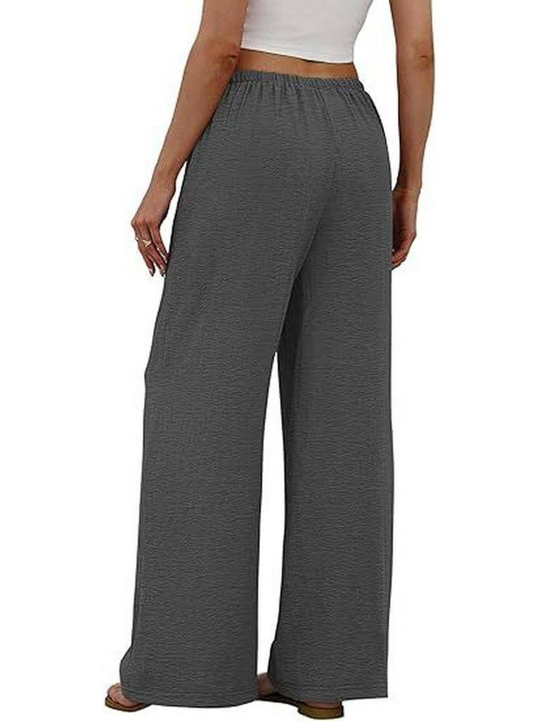 European & American Women's Casual Solid Wide-Leg Beach Pants with Elastic Waist & Pockets