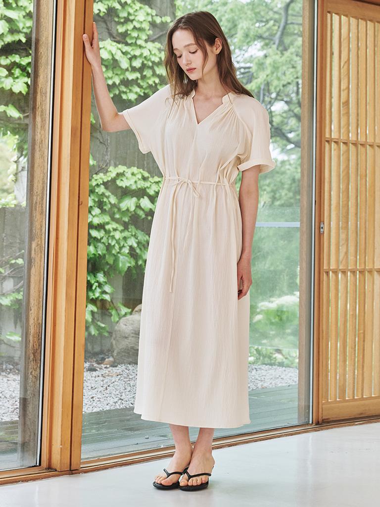 NOUVE V-Neck Shirring Dress - Ivory