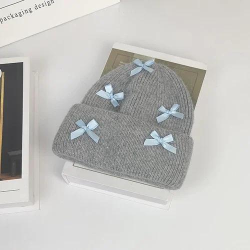 New Angora Rabbit Fur Bow Winter Hat For Women Knitted Fluffy Beanie Ladies Fashion Warm Plush Skull Womens Thick Fleece Hat Y2K