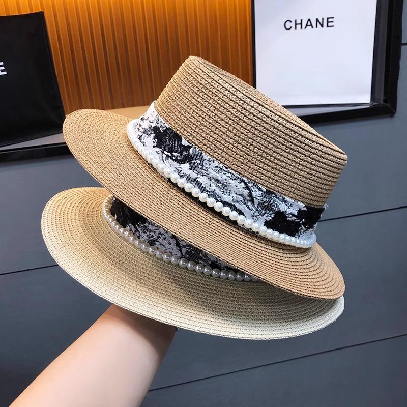 Flat top top hat design sense pearl temperament versatile straw hat summer vacation shade beach hat children