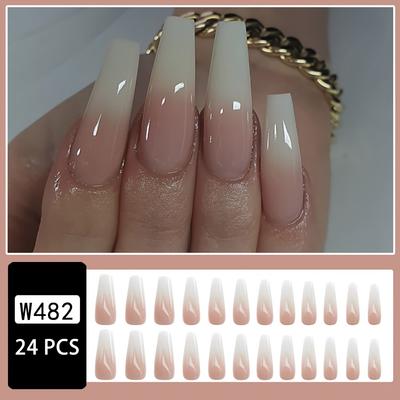 24 Stück lange Ballett-Sarg-Aufklebenägel, Farbverlauf von Jelly-Weiß nach Nude, künstliche Nagelspitzen für DIY-Maniküre, künstliche Nägel