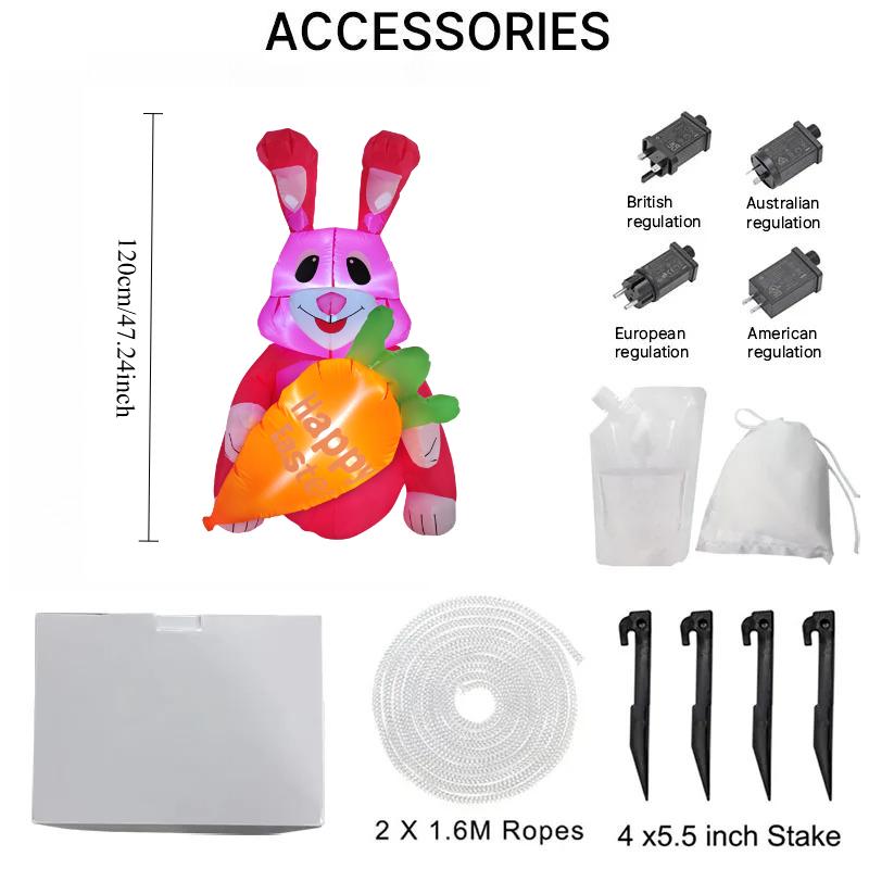 

1.2M/4FT Happy Easter Outdoor Holiday Decorations Pink Bunny Decor Built-in LED Lights Inflatable Model Yard Garden Party Props EU