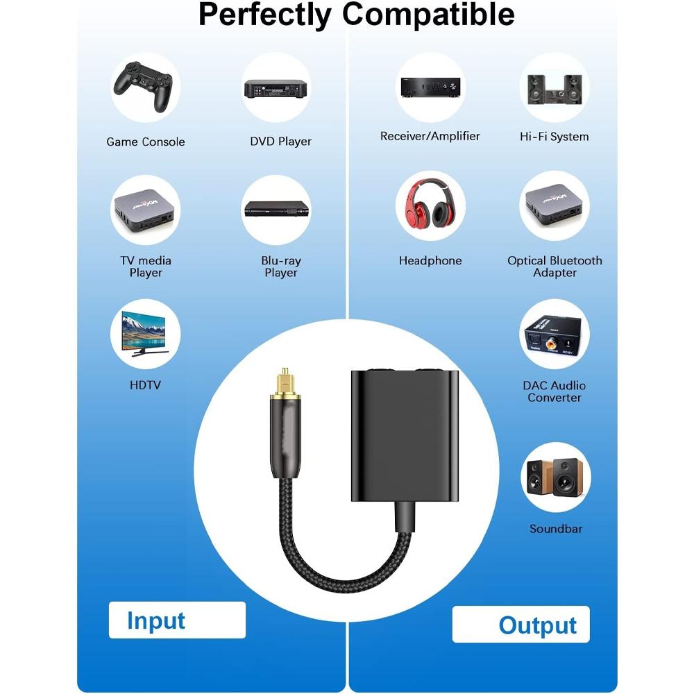 Hannord Optical Fiber Cable 2 In 1 Splitter Toslink Splitter SPDIF 2 In To 1 Out Gold Plated Connectors For PC Laptop PS5 DVD