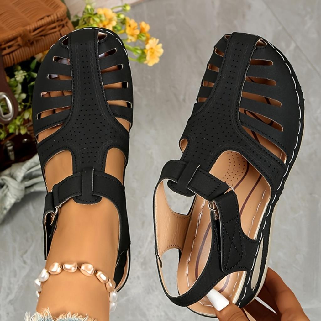 WOMEN'S SOLID COLOR SLOPE HEEL SANDALS WITH TOE STRAP - Comfortable Round Toe Design, Mid-height Heel, Synthetic Overlay Fabric and PU Sole, Sandals