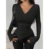 Women's Spring and Summer V-neck Strapless Two Wear Design Sense Slim Pleated Irregular Long-sleeved T-shirt