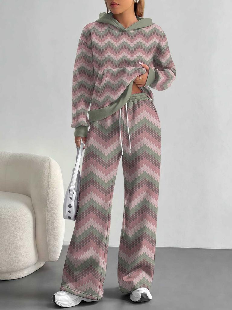 Square Splicing European, American Autumn and Winter Casual Long-sleeved Suit Women's Hooded Sweater Trousers Two-piece Set