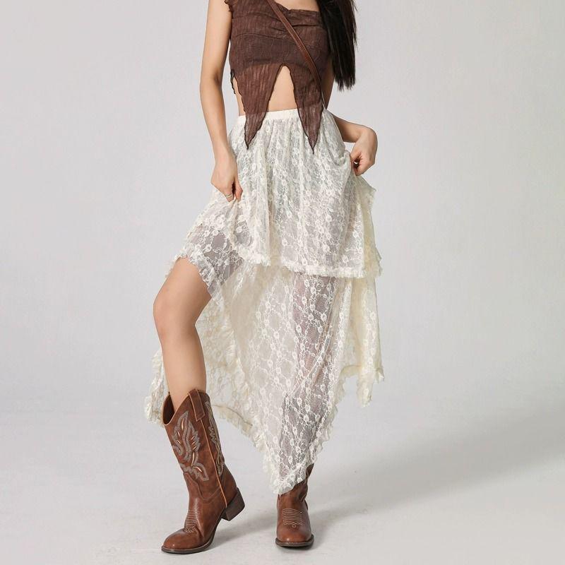 

French Nomadic Lace Midi Skirt: Irregular High Waist Skirt for Spring/Autumn Default Size